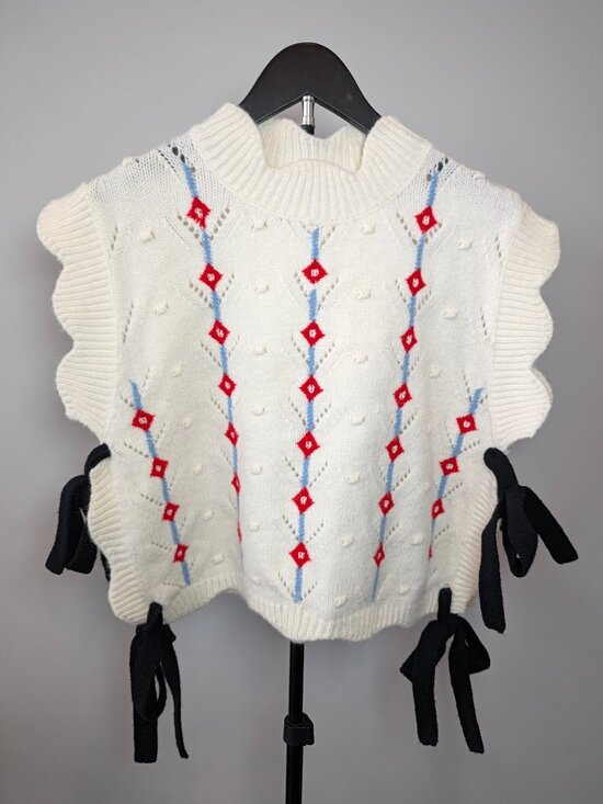 Mable Sweaters - Mable Women's Size S Omari Scalloped Side Tie Diamond Knit Vest Cream Academia